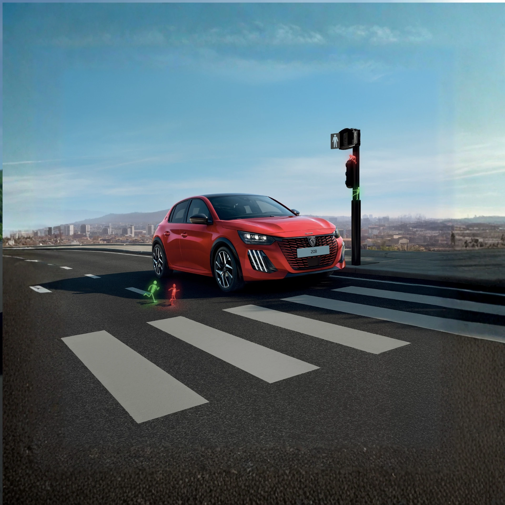 Peugeot 208 su strada con sfondo un lago