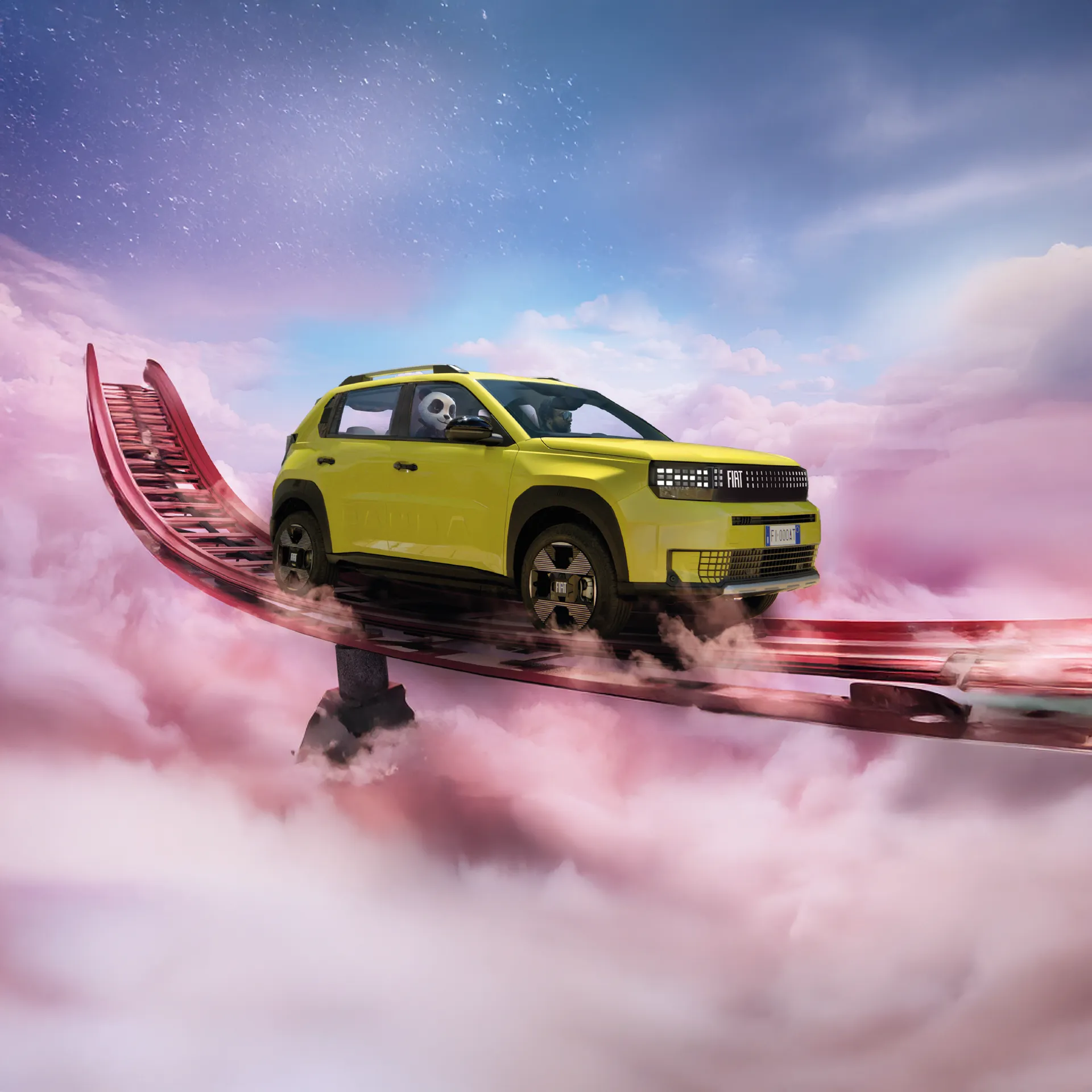Fiat Grande Panda su binario sospeso tra nuvole rosa