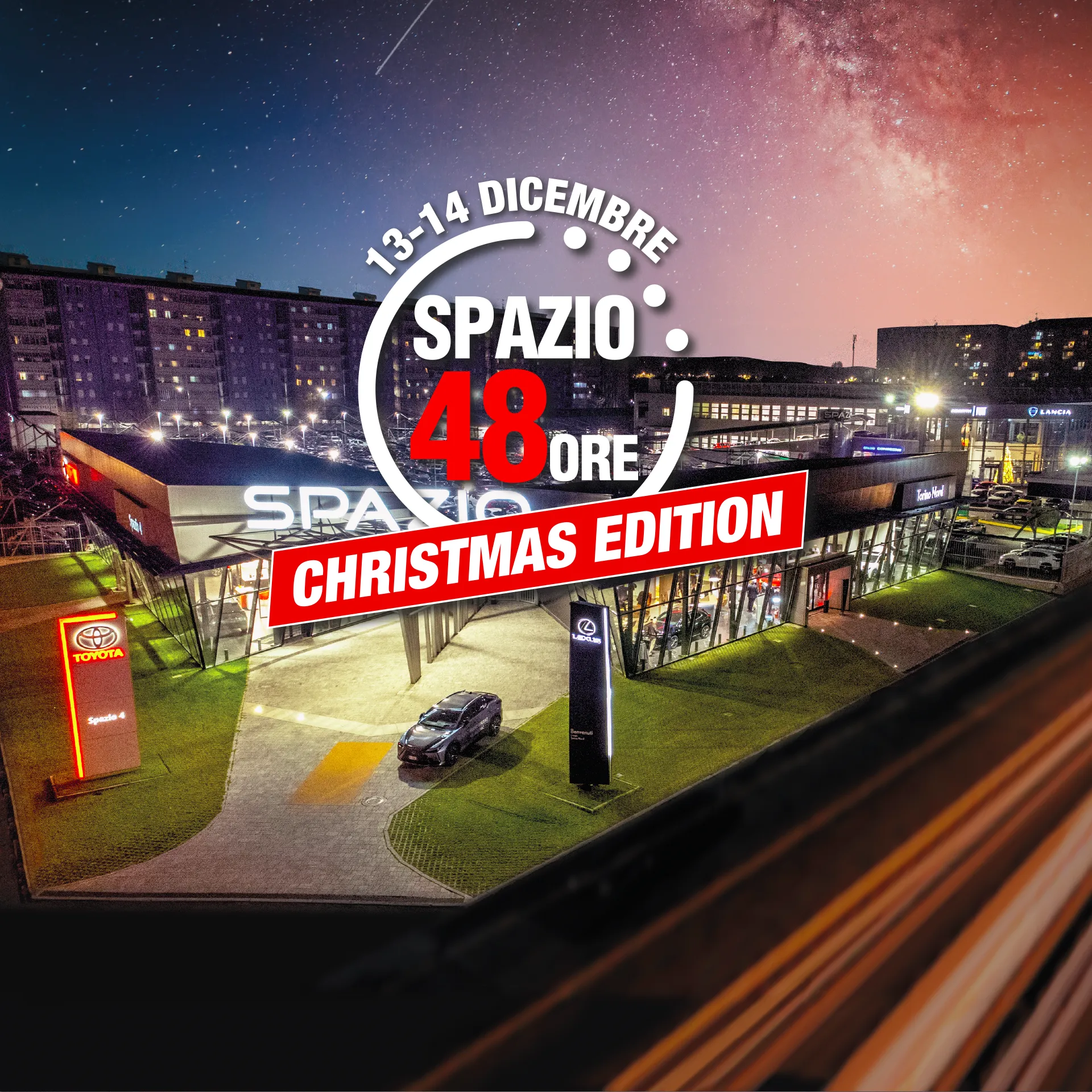 sfondo piazzale di spazio con logo della 48h christmas edition del 13-14 dicembre