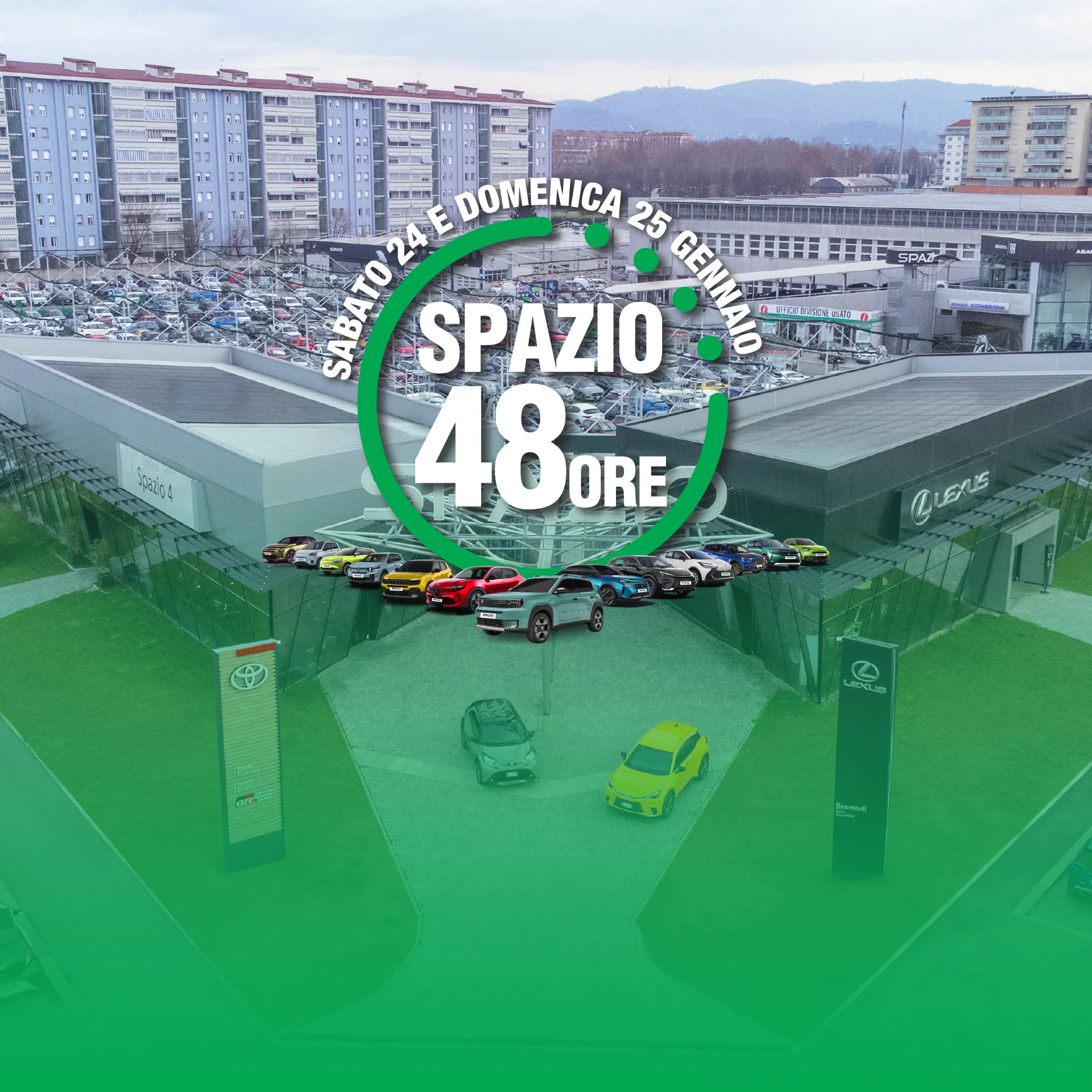 piazzale con gamma auto e titolo "spazio 48 ore"