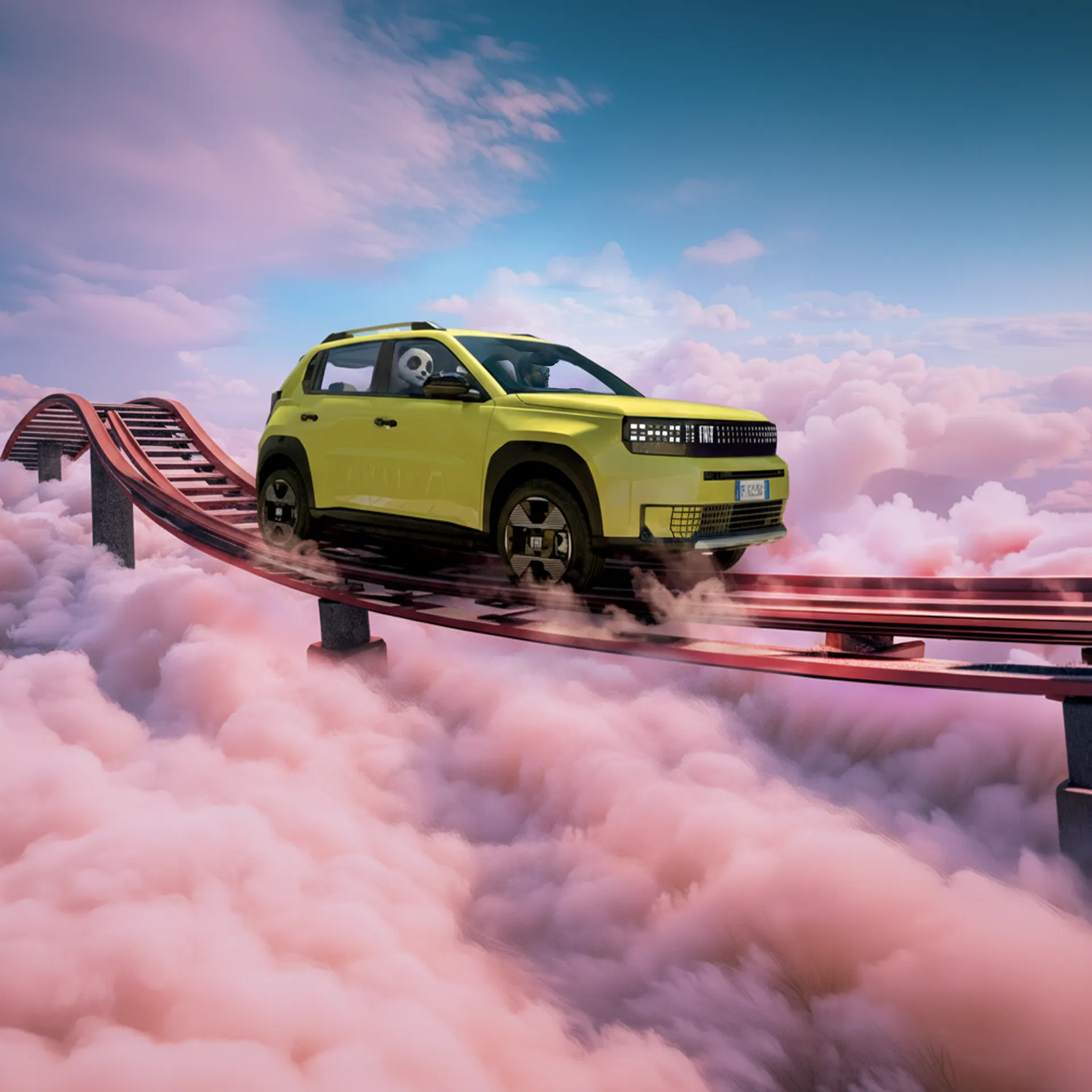 fiat grande panda gialla su rotaia rosa in mezzo a nuvole rosa