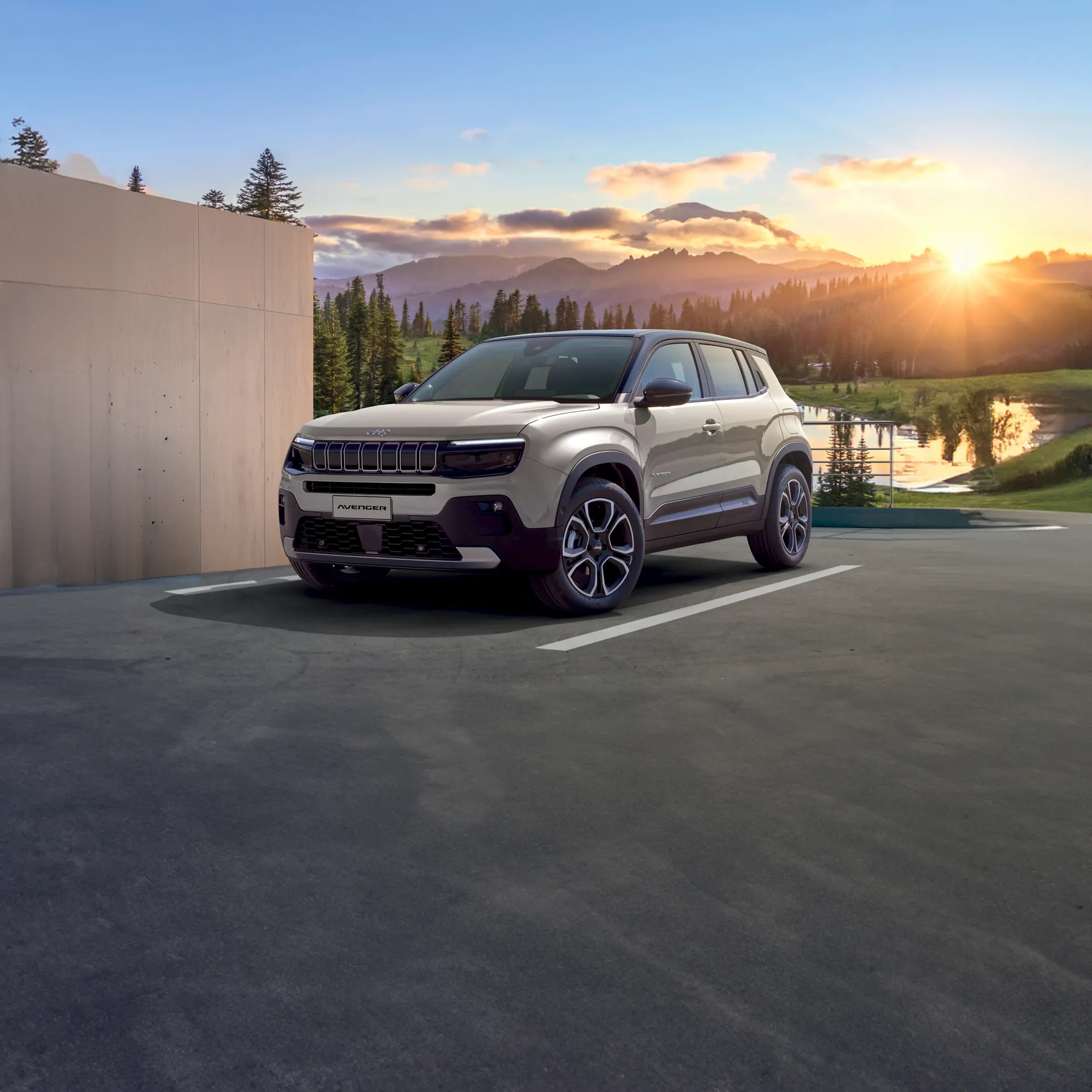 jeep avenger parcheggiata con sfondo di montagna al tramonto